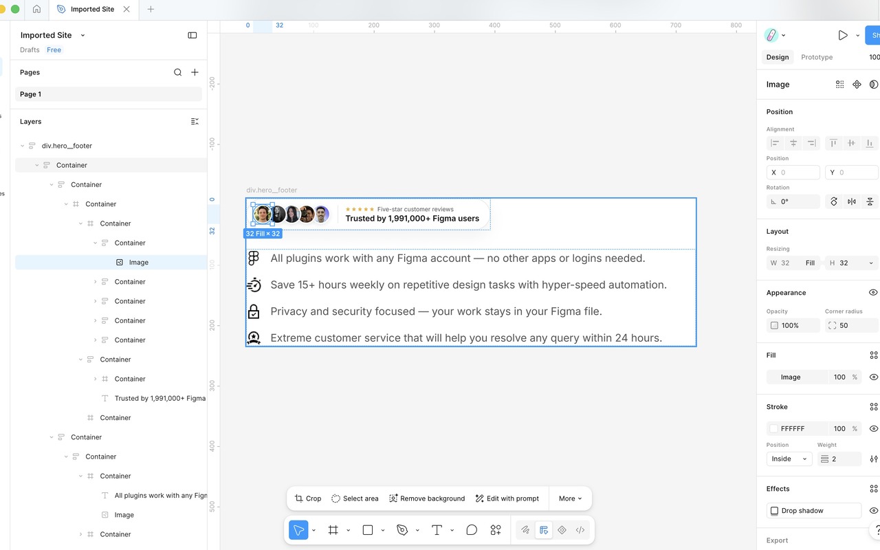 Website pasted into Figma as editable nested layers
