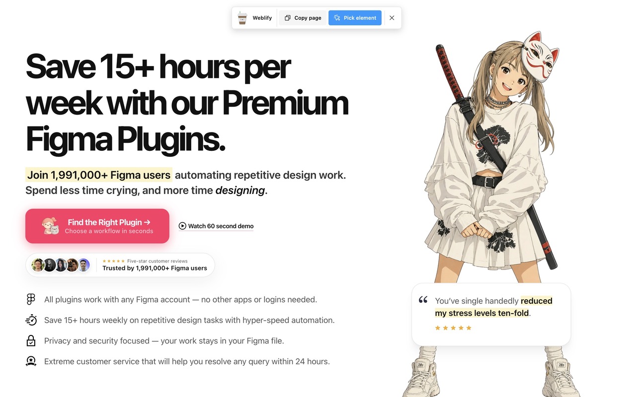 Weblify Chrome extension toolbar with Copy page and Pick element actions