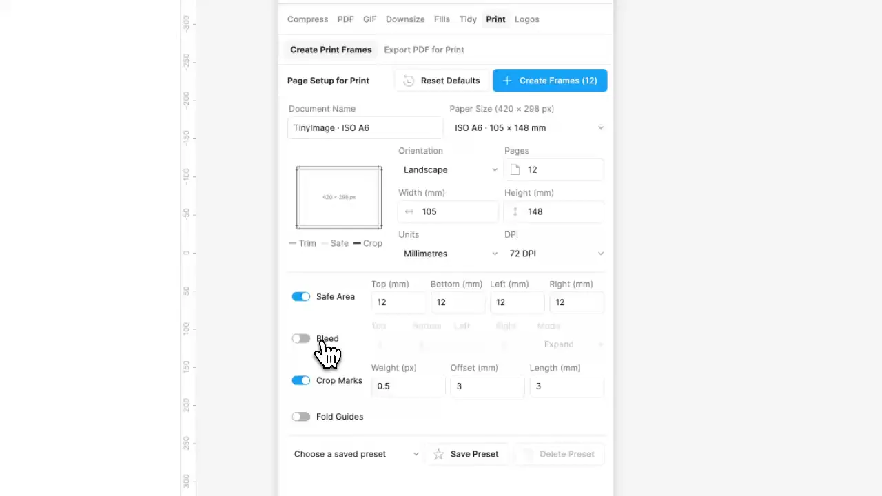 Print page setup in Figma demonstration in TinyImage